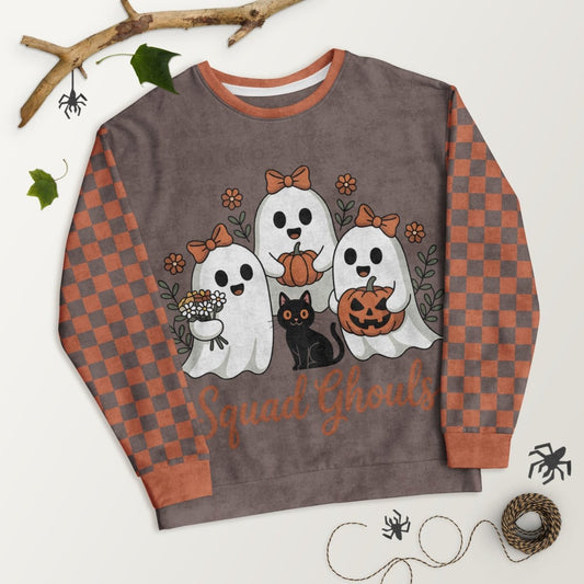 Halloween-themed sweatshirt with ghosts and a cat design on a white background.