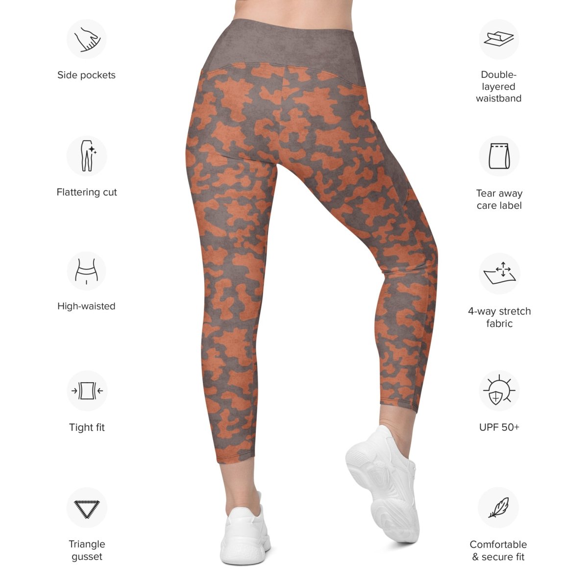 Camouflage leggings with features listed on a white background