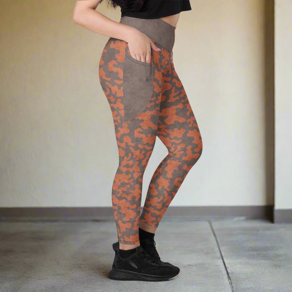 Camouflage-patterned leggings worn by a person on a neutral background