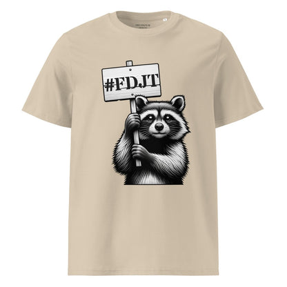 Beige t-shirt with a raccoon holding a sign '#FDJT' on a white background