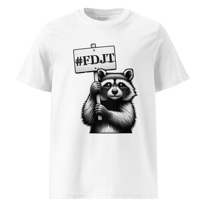 White t-shirt with a raccoon holding a sign with '#FDJT' on a white background