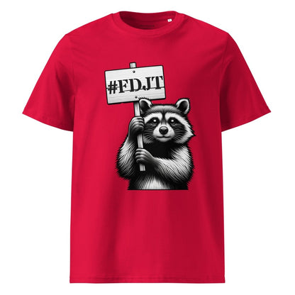 Red t-shirt with a raccoon holding a sign with '#FDIT' on a white background