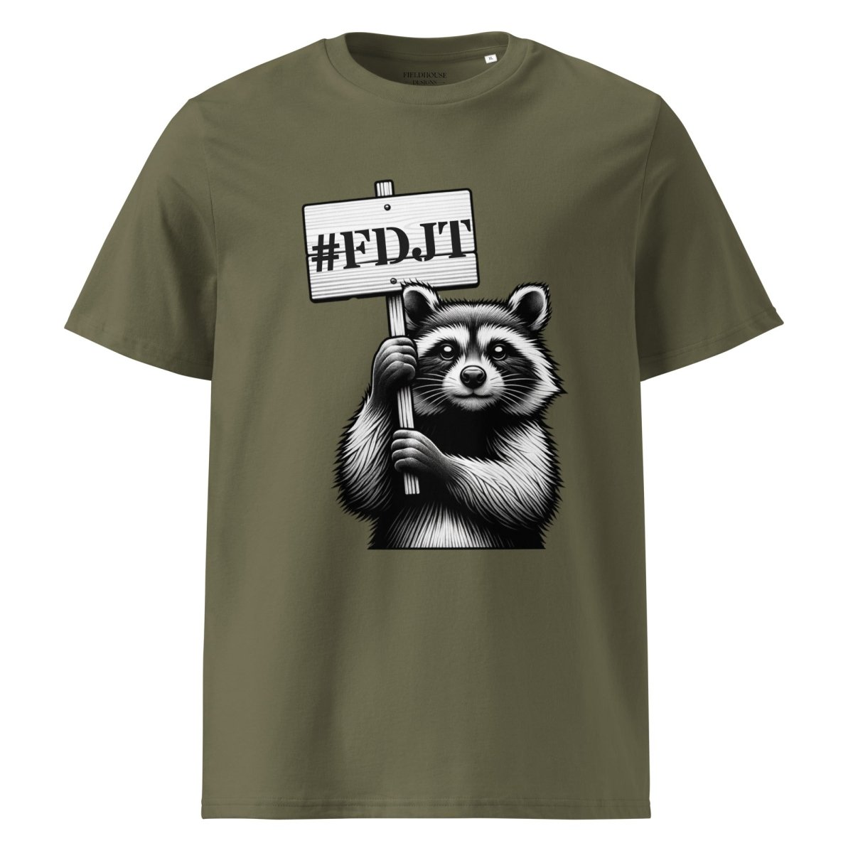 Green t-shirt with a raccoon holding a '#FDJT' sign on a white background