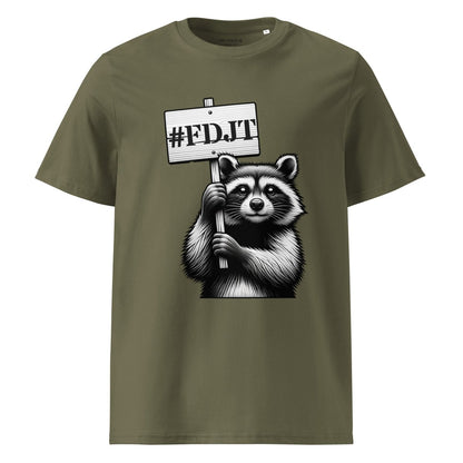Green t-shirt with a raccoon holding a '#FDJT' sign on a white background