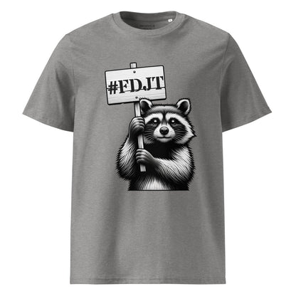 Gray t-shirt with a raccoon holding a sign with '#FDJT' on a white background