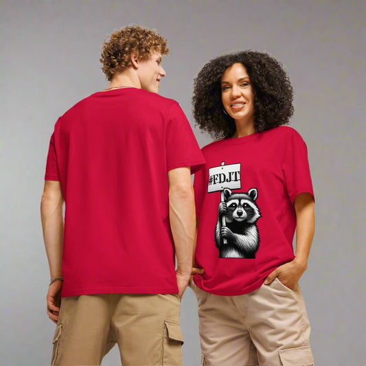 Two people wearing red t-shirts with a raccoon graphic and #FDJT.