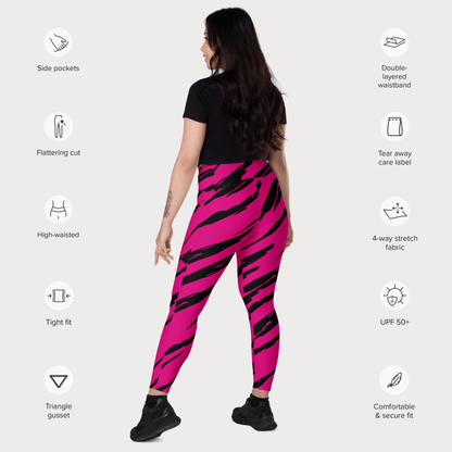 Woman wearing pink and black tiger stripe pattern leggings with feature icons on a white background