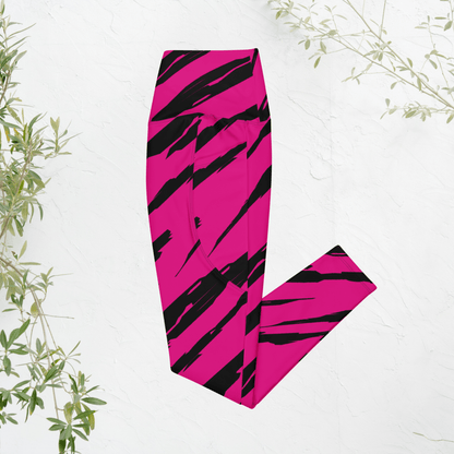 Pink leggings with black tiger pattern on a white background