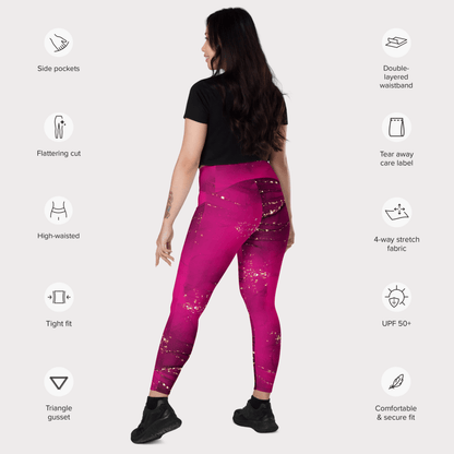 Woman wearing pink leggings with feature icons on a white background