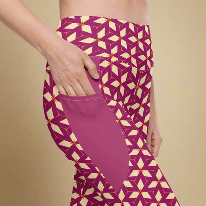 Purple leggings with geometric pattern worn by a person on a beige background