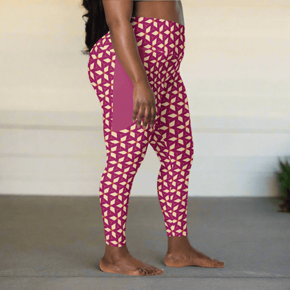 Person wearing purple leggings with geometric pattern on a neutral background