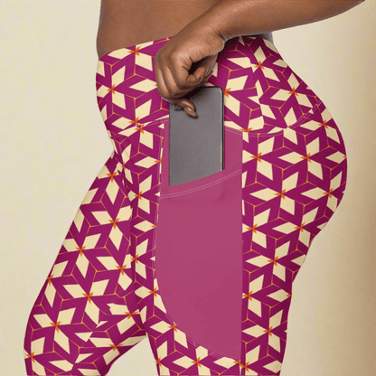 Purple leggings with geometric pattern worn by a person, showing a pocket.