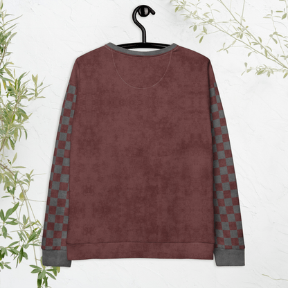 back side of burgundy sweatshirt with checkered sleeves on a hanger against a white background
