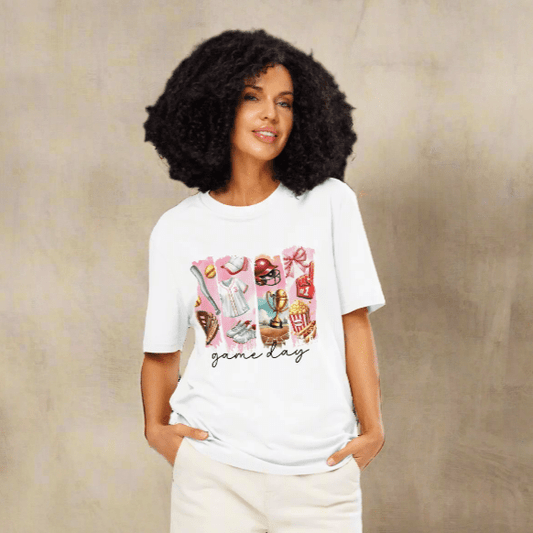 Woman wearing a white t-shirt with a graphic design and text, standing against a white background