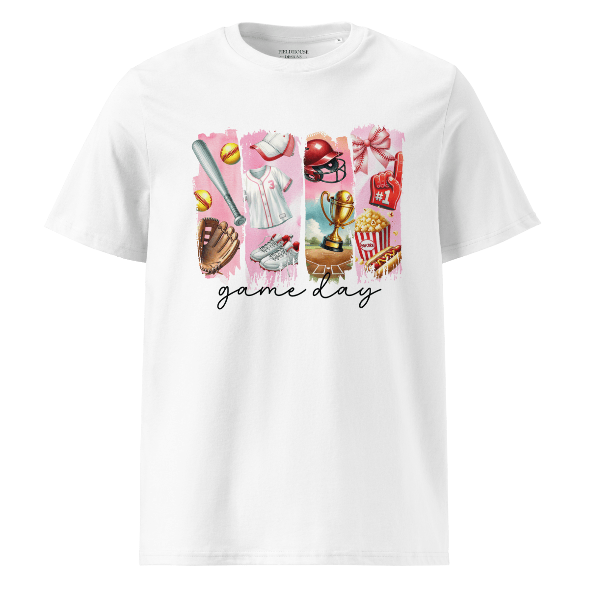 White t-shirt with sports-themed graphics and 'game day' text 