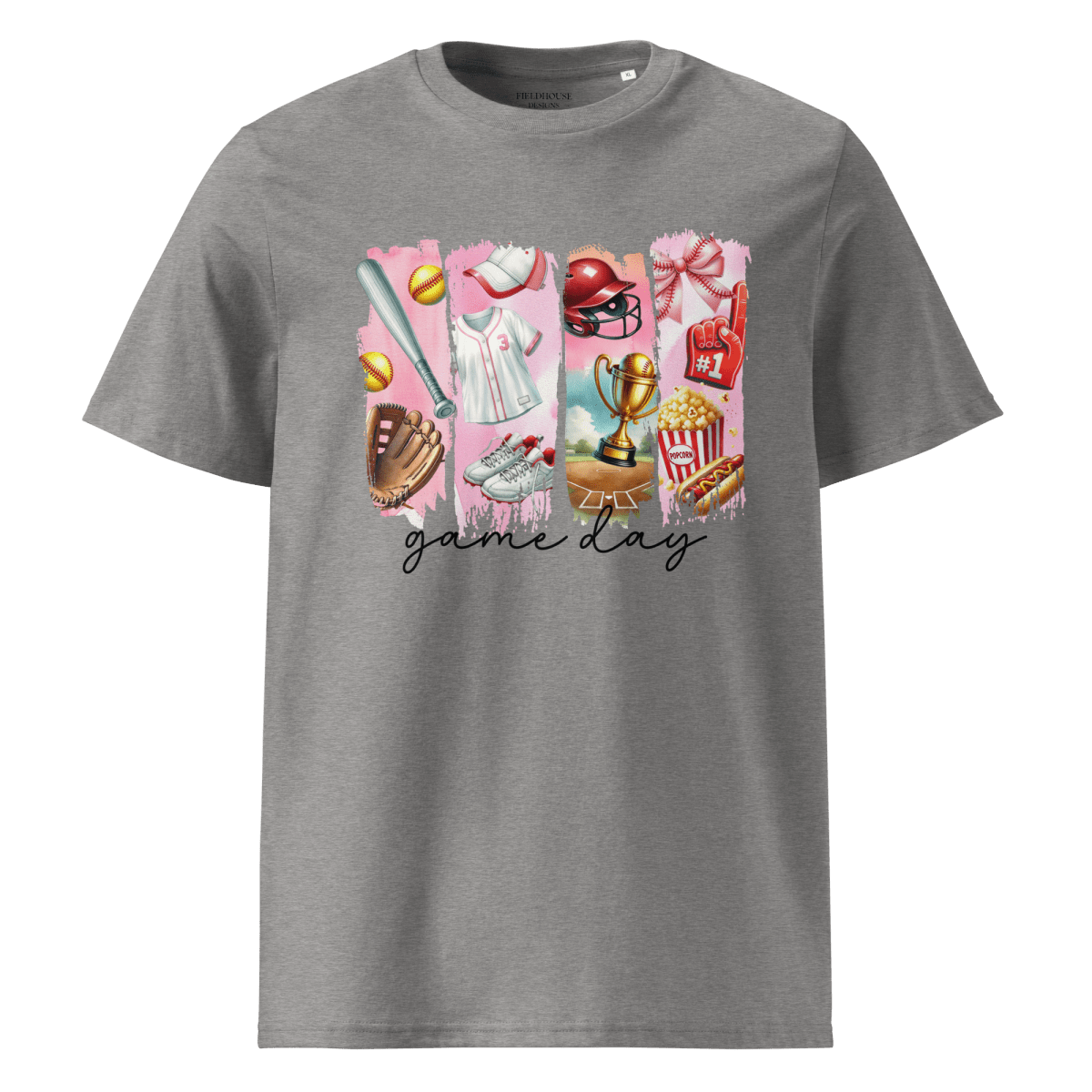 Gray t-shirt with sports-themed graphic and 'game day' text 
