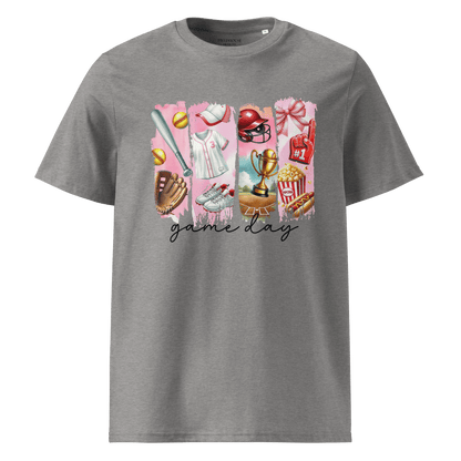 Gray t-shirt with sports-themed graphic and 'game day' text 