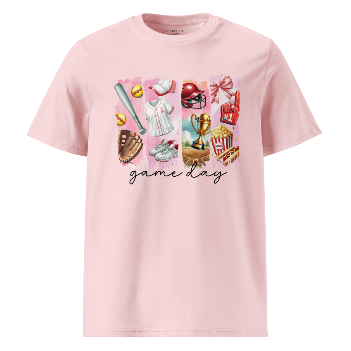 Pink t-shirt with sports-themed graphics and 'game day' text 