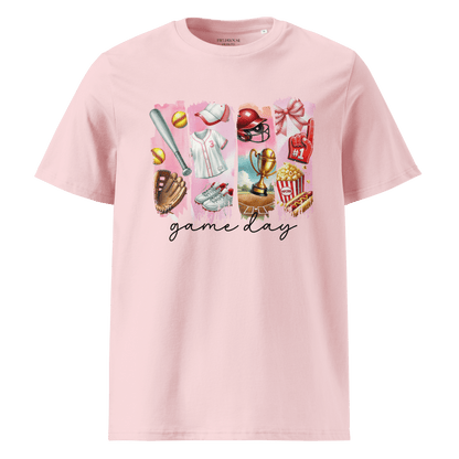 Pink t-shirt with sports-themed graphics and 'game day' text 
