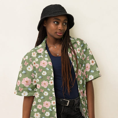 Garden Stroll Recycled Button - Up Shirt – Sage Green Floral Print - Button Up Shirt