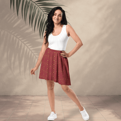 Golden Dusk Skater Skirt | Terracotta Red Boho Print with Soft Mandala Accents - Skater Skirt