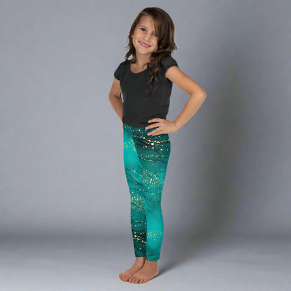 Golden Glimmer Teal Toddler Leggings 2T - 7 UV Protection with Four - Way Stretch - Leggings 2T - 7