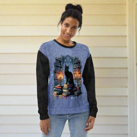 Woman wearing a blue and black sweatshirt with a cat and book design on a white background