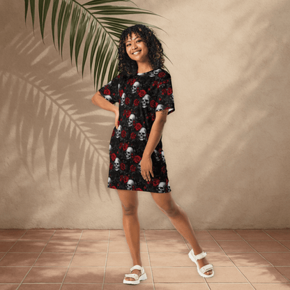 Gothic Skull & Rose T-Shirt Dress – Oversized Alt Floral Dress with Dark Romance - T-Shirt Dress