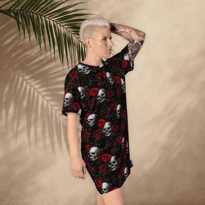 Gothic Skull & Rose T-Shirt Dress – Oversized Alt Floral Dress with Dark Romance - T-Shirt Dress