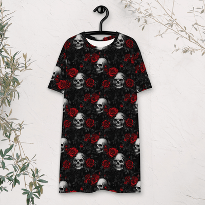 Gothic Skull & Rose T-Shirt Dress – Oversized Alt Floral Dress with Dark Romance - T-Shirt Dress
