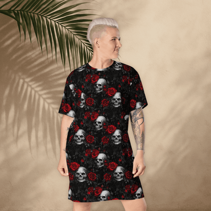 Gothic Skull & Rose T-Shirt Dress – Oversized Alt Floral Dress with Dark Romance - T-Shirt Dress