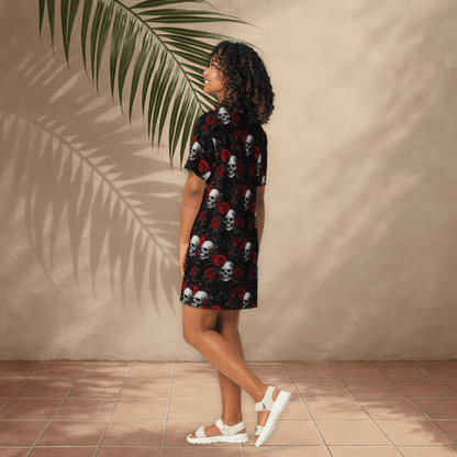 Gothic Skull & Rose T-Shirt Dress – Oversized Alt Floral Dress with Dark Romance - T-Shirt Dress