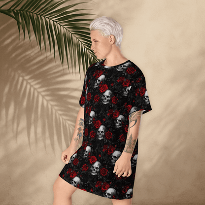 Gothic Skull & Rose T-Shirt Dress – Oversized Alt Floral Dress with Dark Romance - T-Shirt Dress