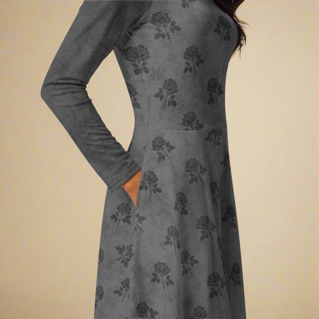 Gray dress with floral pattern on a beige background