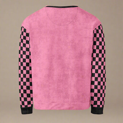Pink sweatshirt with black and white checkered sleeves on a white background