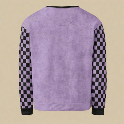 Purple sweatshirt with checkered sleeves on a neutral background