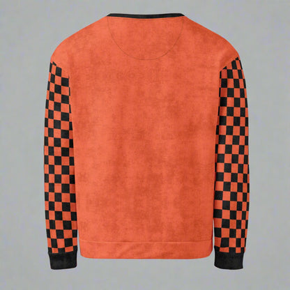 Orange sweatshirt with black and red checkered sleeves on a white background