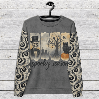 Halloween Crewneck Sweatshirt Spooky Season 2XS–6XL | Gray Swirl Sleeves | Vintage Skeleton & Owl Graphic