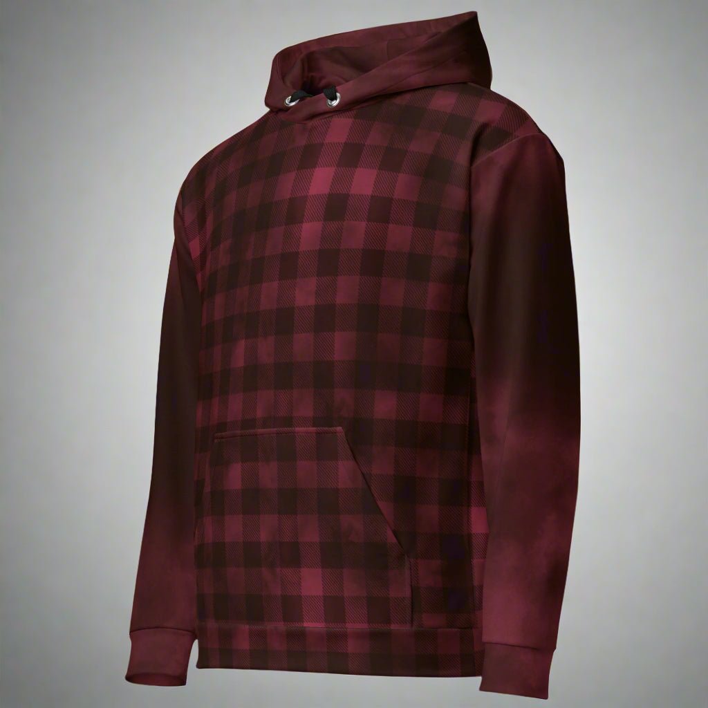 burgundy and black plaid hoodie on a neutral background 