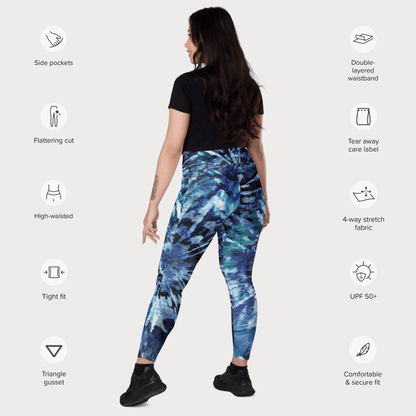 Woman wearing blue tie dye  patterned leggings with feature icons on a white background