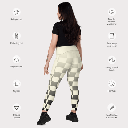 Woman wearing checkered leggings with feature icons on a white background