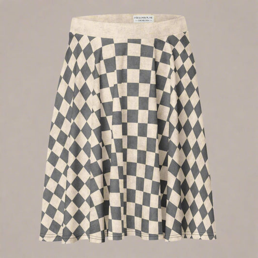 Checkered skirt with a visible brand label on a beige background