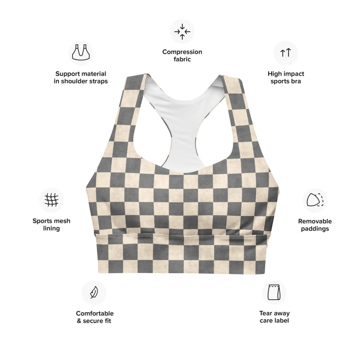 Checkered sports bra with features listed on a white background