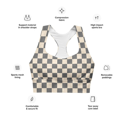 Checkered sports bra with features listed on a white background