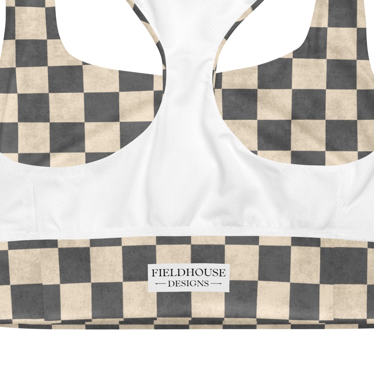 sports bra checkered pattern and 'Fieldhouse Designs' label on a white background