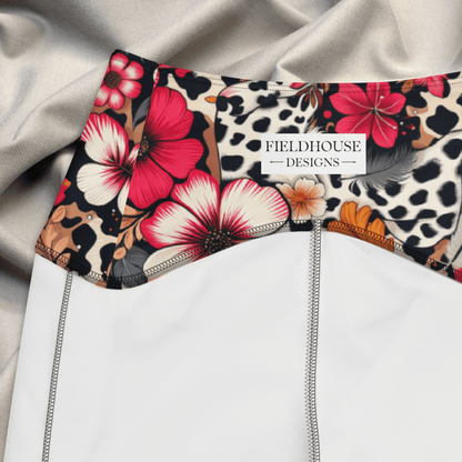 Close-up of a waistband with floral and leopard print accents, featuring 'Fieldhouse Designs' branding.