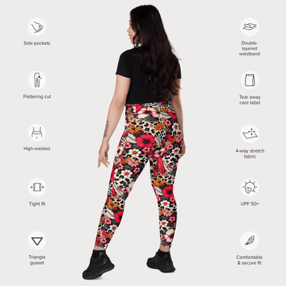 Woman wearing colorful floral leggings with feature icons on a white background