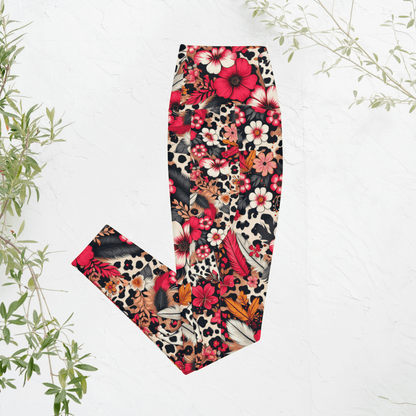 Leggings with floral and leopard print pattern on a white background