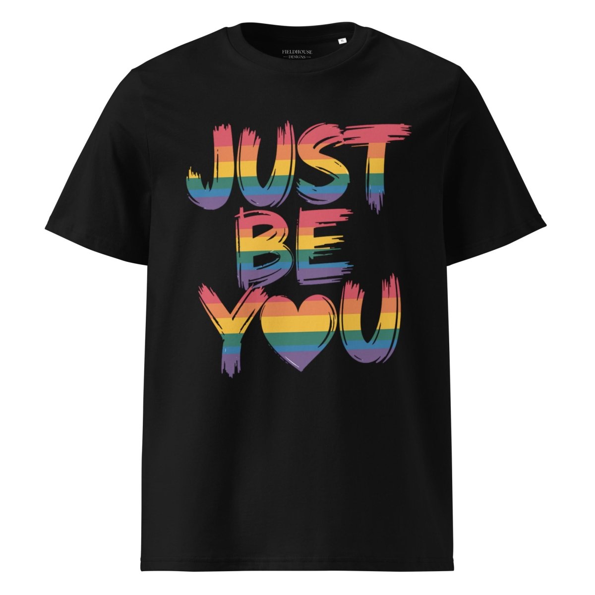 Black t-shirt with 'Just Be You' in rainbow colors on a white background