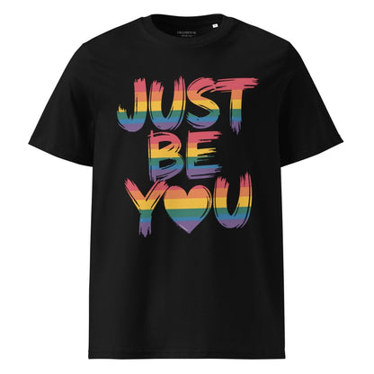 Black t-shirt with 'Just Be You' in rainbow colors on a white background